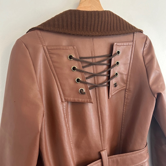 1970s Vintage Inspired Faux Leather Double Breasted Trench Coat Brown Size 2/4 - Picture 9 of 13